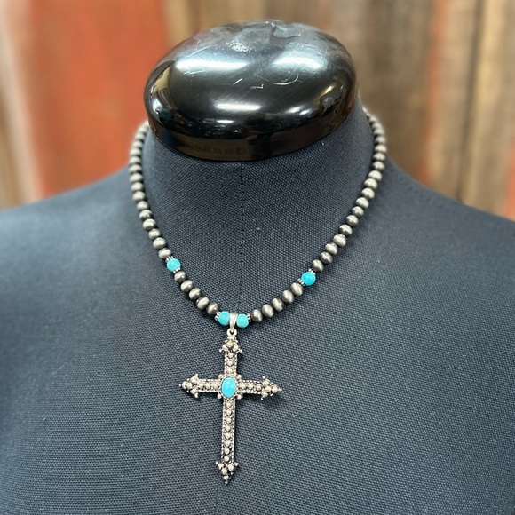 Turquoise Cross Beaded Western Necklace - Picture 1 of 1